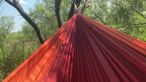 Red Hammock Gently Swinging In Wind Under Trees In 4K Stock Footage 340109786