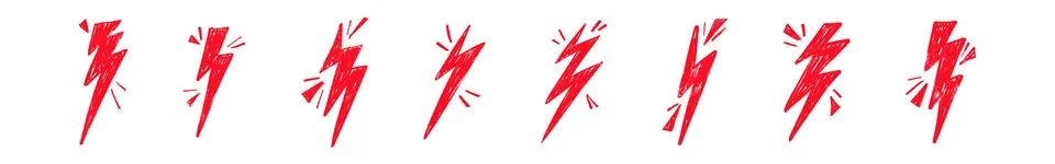 Red Hand draw thunder bolt with zappy doodle lines. Electric lightning flash Stock Illustration