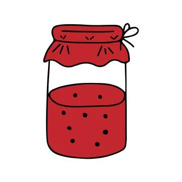 Red hand drawing vector illustration of a glass transparent jar with cherry j Illustrazione stock