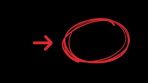 A red hand drawn arrow pointing a red circle marker on a black background Stock Footage 341904403