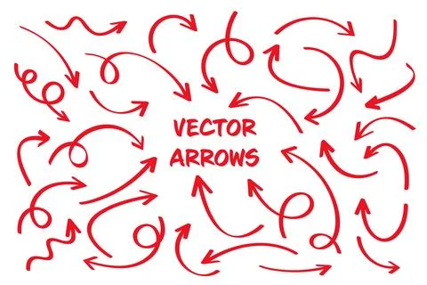 Red hand drawn arrows isolated on white background. Doodle arrow, zigzag and イラスト素材