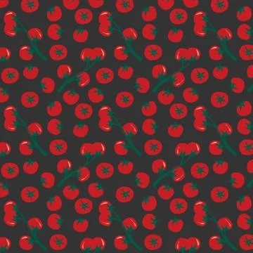 Red hand drawn cherry tomato seamless pattern on black background. Stock Illustration