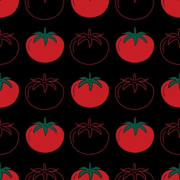 Red hand drawn cherry tomato seamless pattern on black background. 스톡 일러스트