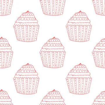 Red Hand-drawn Cup Cake Outline Pattern on White Background Stock Illustration