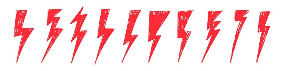 Red Hand-drawn doodle elements lightning, thunderbolt sketchy crayon scribble Illustrazione stock