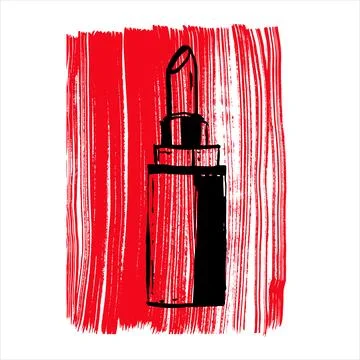Red Hand drawn lipstick doodle. Hand drawn holiday poster. Ink illustration. Stock Illustration