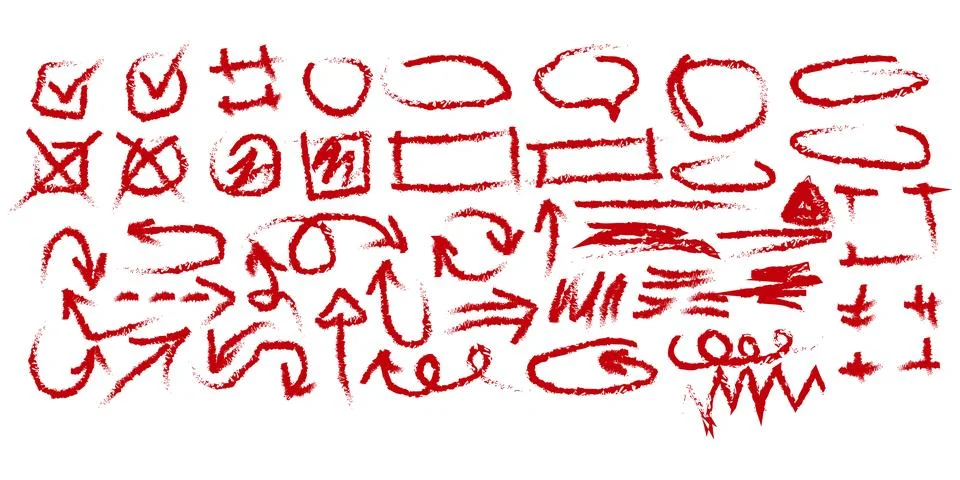 Red hand drawn marks scribbles arrows checkmarks circles and shapes collectio Stockillustratie
