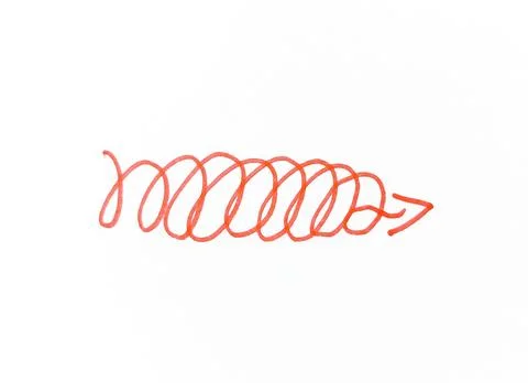 Red Hand Drawn Spiral Scribble Arrow Doodle on White Paper. Stock Illustration