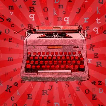 Red Hand Drawn Typewriter Seamless Design Stock Illustration