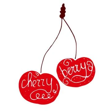 Red hand drawn vector cherry with text inside of it. Stock Illustration