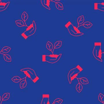 Red Hand hold a leaf of the plant icon isolated seamless pattern on blue ba.. 스톡 일러스트