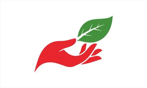 Red hand holding green leaf logo symbol flat vector 스톡 일러스트