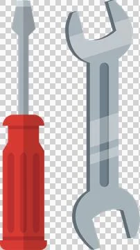 A red handled screwdriver and silver wrench stand side-by-side on a plain b.. Stock Illustration