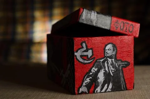 Red handmade cardboard box with russian topics and simbols Stock Photos