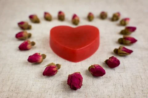 Red handmade soap surrounded by dried rose flowers. Love and romantic. Stock Photos