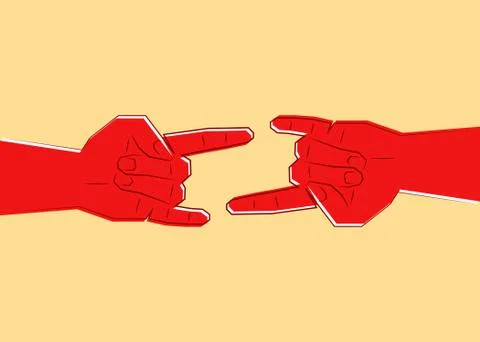 Red hands making Devil's horns, single line drawing, Rock n roll sign Stock Illustration