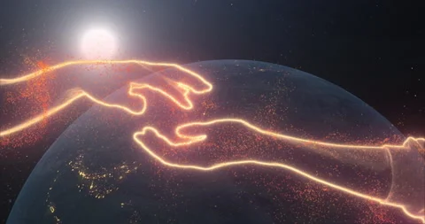 Red hands reach out to each other, moving fingers touch against the backdrop of Vídeo Stock 234290932