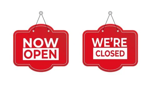 Red Hanging Door Sign Vector Set with Now Open and We Are Closed Text Stock Illustration