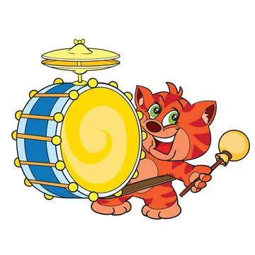 Red happy cat knocks on a big yellow drum, isolated object on a white backg.. Illustrazione stock