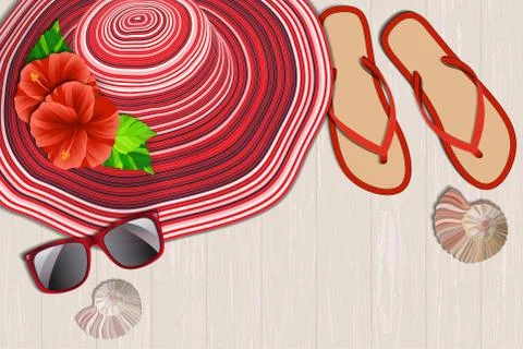 Red hat and flip flops with shells and hibiscus flowers. Stock Illustration