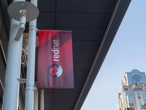 Red Hat Software, open source provider of products like Linux, banner hanging Фото