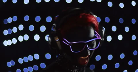 Red Head Gril Headphone Lights 4 Stock Footage 49116268