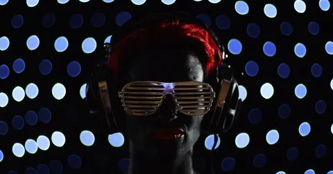 Red Head Gril Headphone Lights Face Disco Remix Stock Footage 49141396