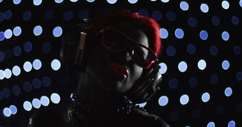 Red Head Gril Headphone Lights 5 Remix Stock Footage 49161428