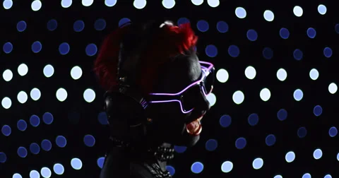 Red Head Gril Headphone Lights 6 Stock Footage 49166078