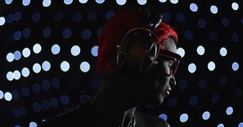 Red Head Gril Headphone Lights 3 Remix Stock Footage 49179543