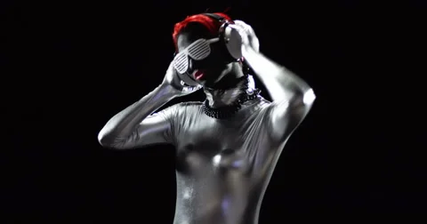 Red Head Nerd Silver Headphones Dance Video stock 49146036