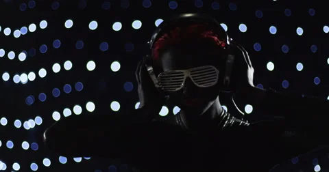 Red Head Turning Nerd Glasses Headphones Lights 1 Remix Video stock 49188985