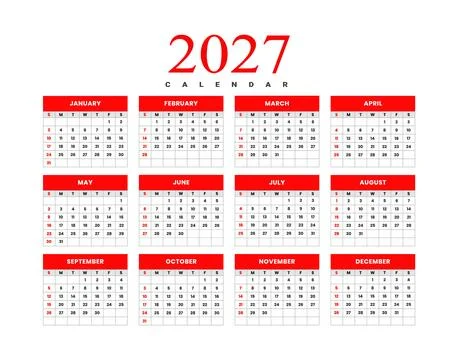 Red Header 2027 Grid Calendar Template Stock Illustration