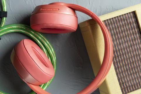 A red headphone on gray background Stock Photos