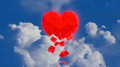 A red hear breaks into pieces that gradually fall down with time lapse clouds Stock Footage 249265528