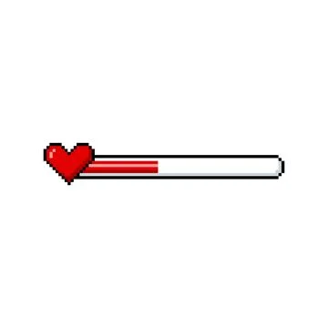 Red heart and line progress bar pixel art, vector retro 8 bit game menu, low Stock Illustration