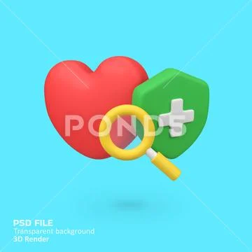 Red heart and plus shield with magnifier isolated 3d render icon illustration Modello PSD