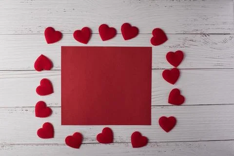 Red heart and Red Note Card on white wood badkground Stock Photos