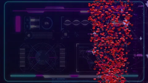 Red heart animation cascading over digital data interface elements Stock Footage 304840257
