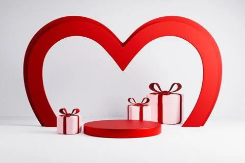 Red heart arch with gift boxes podium 3D render Stock Illustration