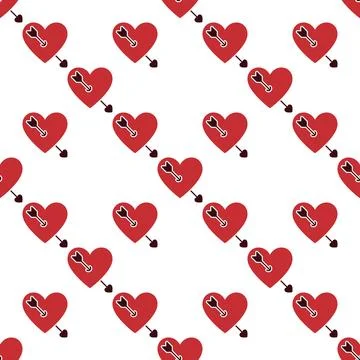 Red Heart with arrow vector seamless pattern - romantic passion and emotion.. 库存插图