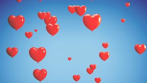 Red heart balloons floating creating a romantic background for valentine's day Stock Illustration