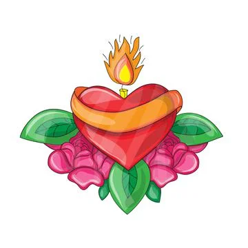 Red heart with a burning candle. Vector illustration. Fire of love Illustrazione stock