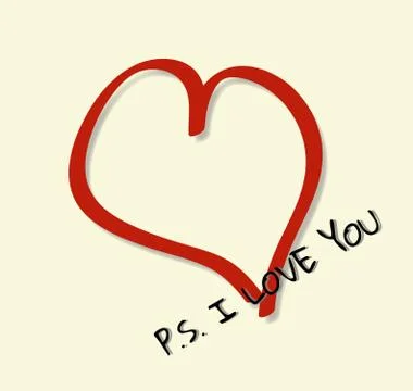 Red heart casts shadow on yellow background with text P.S. I LOVE YOU. Stock Illustration