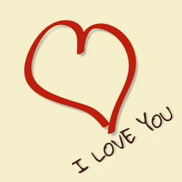 Red heart casts shadow on yellow background with text I LOVE YOU. Stock Illustration