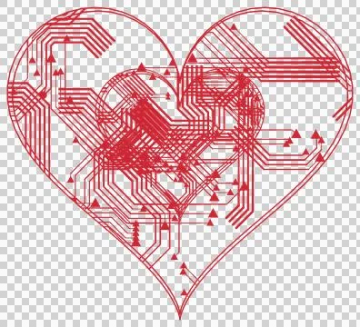Red heart circuit pattern isolated PNG with transparent background Stock Photos