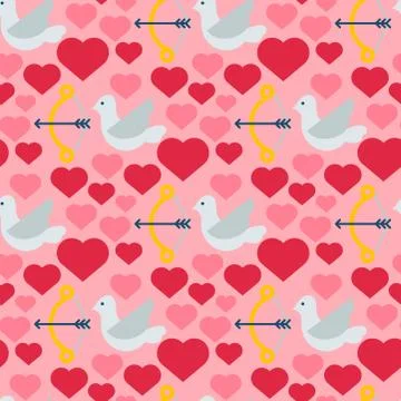 Red heart dove seamless pattern background birds color card beautiful celebrate Stock Illustration