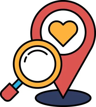 A red heart is drawn on a map with a magnifying glass Illustrazione stock