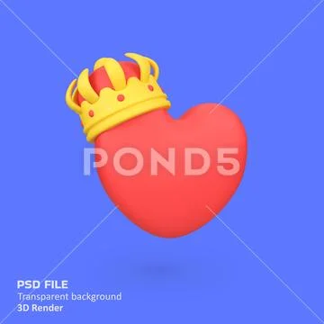 Red heart with gold crown isolated 3d render icon illustration PSD Template