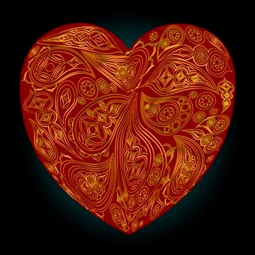 Red heart with gold Indian patterns on a black background Stock-Illustration